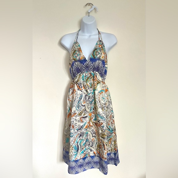 Sundance Silk Blend Printed Open Back Neck Tie Halter Giovanna Dress Size Large - Picture 2 of 7